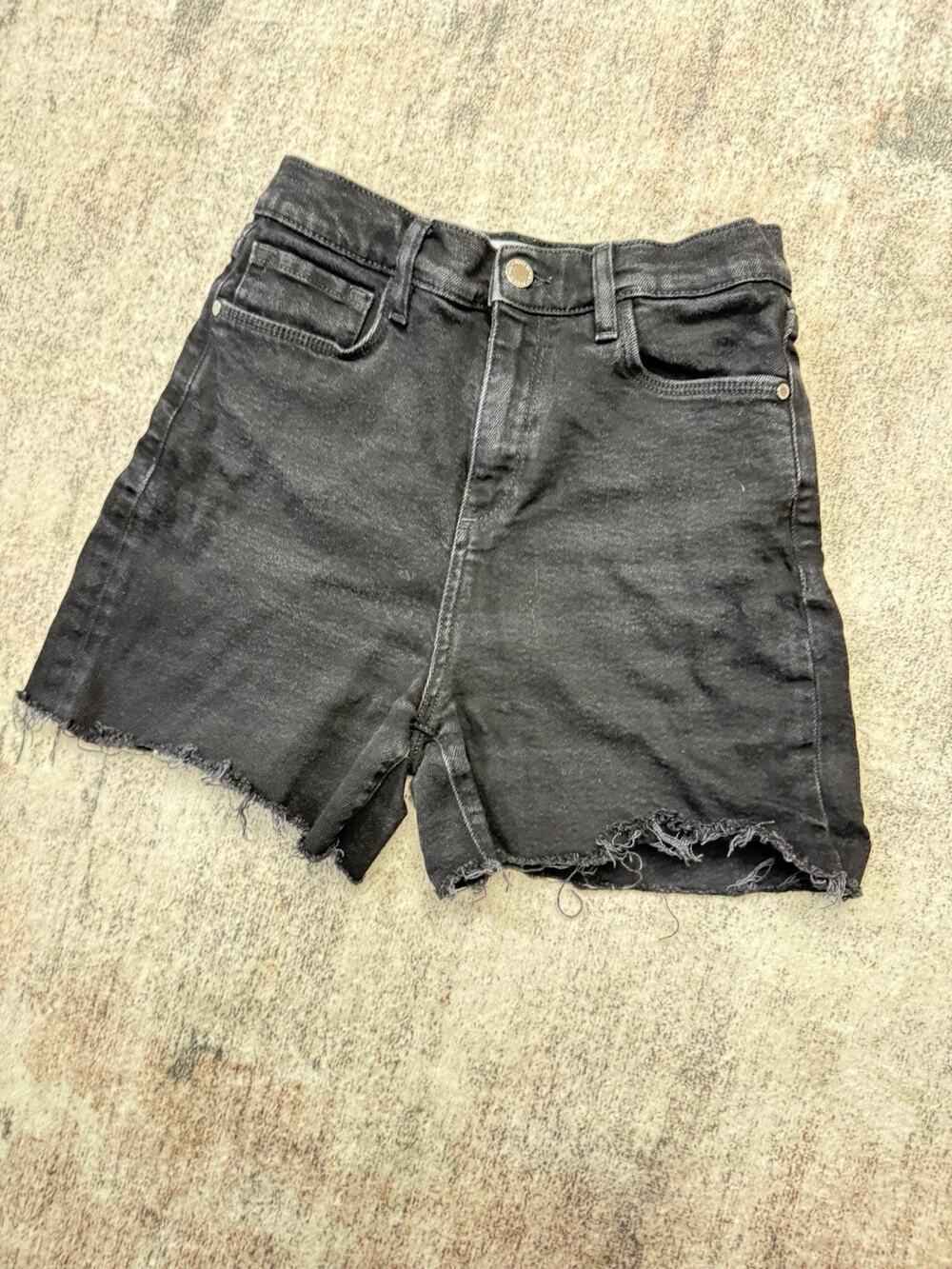 Mango Gabriela Denim Shorts Sz 4 Womens Black High Rise Raw Hem Skater Boho